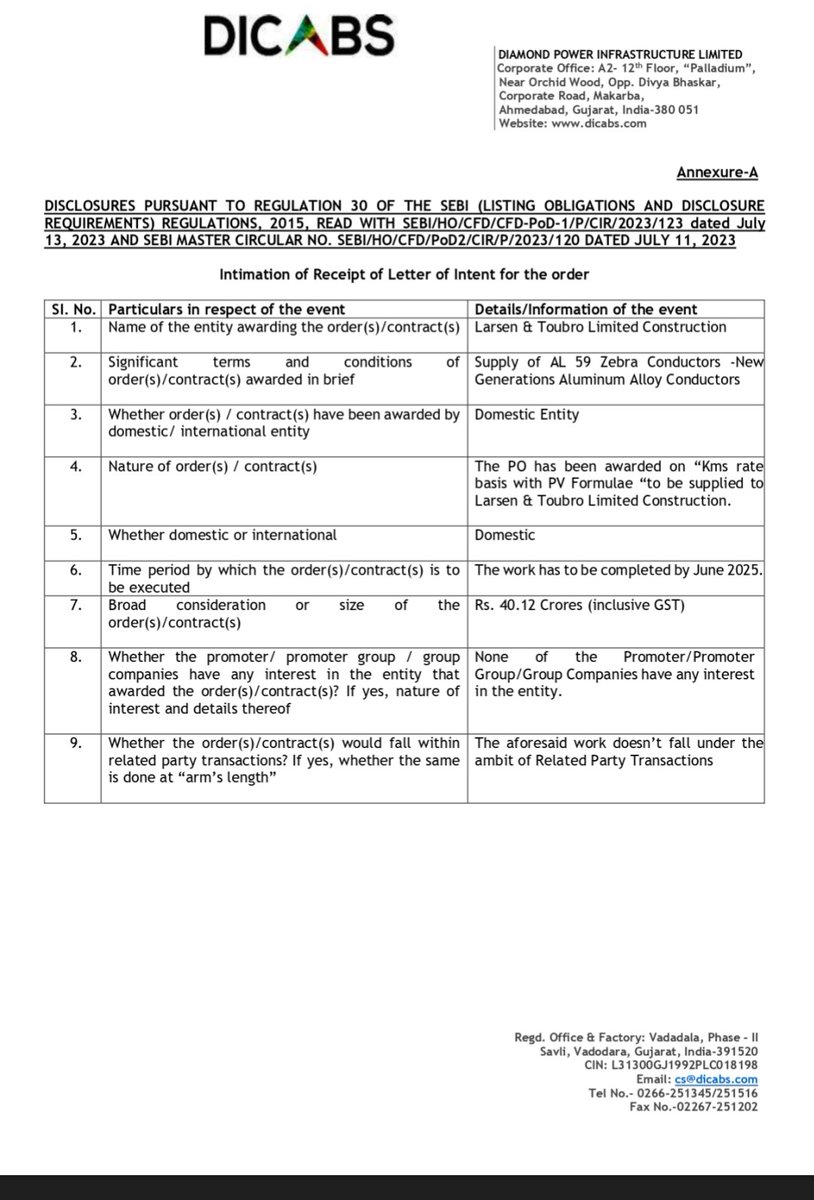 tejas485585's tweet image. #DiamondPowerInfrastructure Limited (DPIL) received a Letter of Intent from Larsen &amp;amp; Toubro Limited for the supply of AL 59 Zebra Conductors worth ₹40.12 crores, to be completed by June 2025.🔥🔥
#StockMarketindia 
#stockmarkets