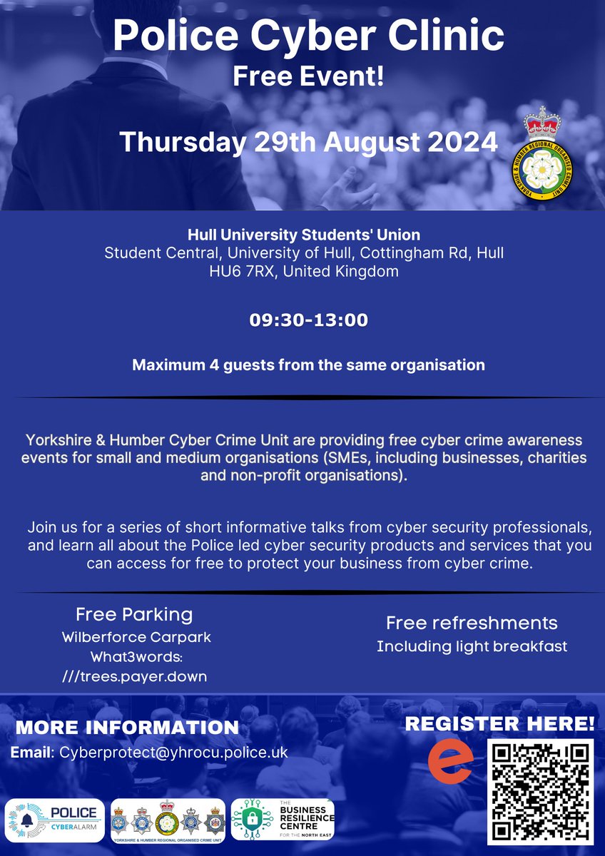 Yorkshire & Humber Regional Cyber Crime Unit (@yh_cyberprotect) on Twitter photo 📢Register now for our FREE Police Cyber Clinic in Hull on the 29th August! 📷Book your session here - eventbrite.co.uk/e/police-cyber…… #Cyberprotect #Hull #CyberSecurityAwareness #Yorkshire
<a href="/NEBRCentre/">North East Business Resilience Centre</a>
<a href="/PolCyberAlarm/">Police Cyber Alarm</a>
<a href="/Humberbeat/">Humberside Police</a>
<a href="/HumberbeatHULL/">Humberside Police - Hull</a>
<a href="/YHROCU/">Yorkshire & Humber Regional Organised Crime Unit</a> 📢Register now for our FREE Police Cyber Clinic in Hull on the 29th August! 📷Book your session here - eventbrite.co.uk/e/police-cyber…… #Cyberprotect #Hull #CyberSecurityAwareness #Yorkshire
<a href="/NEBRCentre/">North East Business Resilience Centre</a>
<a href="/PolCyberAlarm/">Police Cyber Alarm</a>
<a href="/Humberbeat/">Humberside Police</a>
<a href="/HumberbeatHULL/">Humberside Police - Hull</a>
<a href="/YHROCU/">Yorkshire & Humber Regional Organised Crime Unit</a>