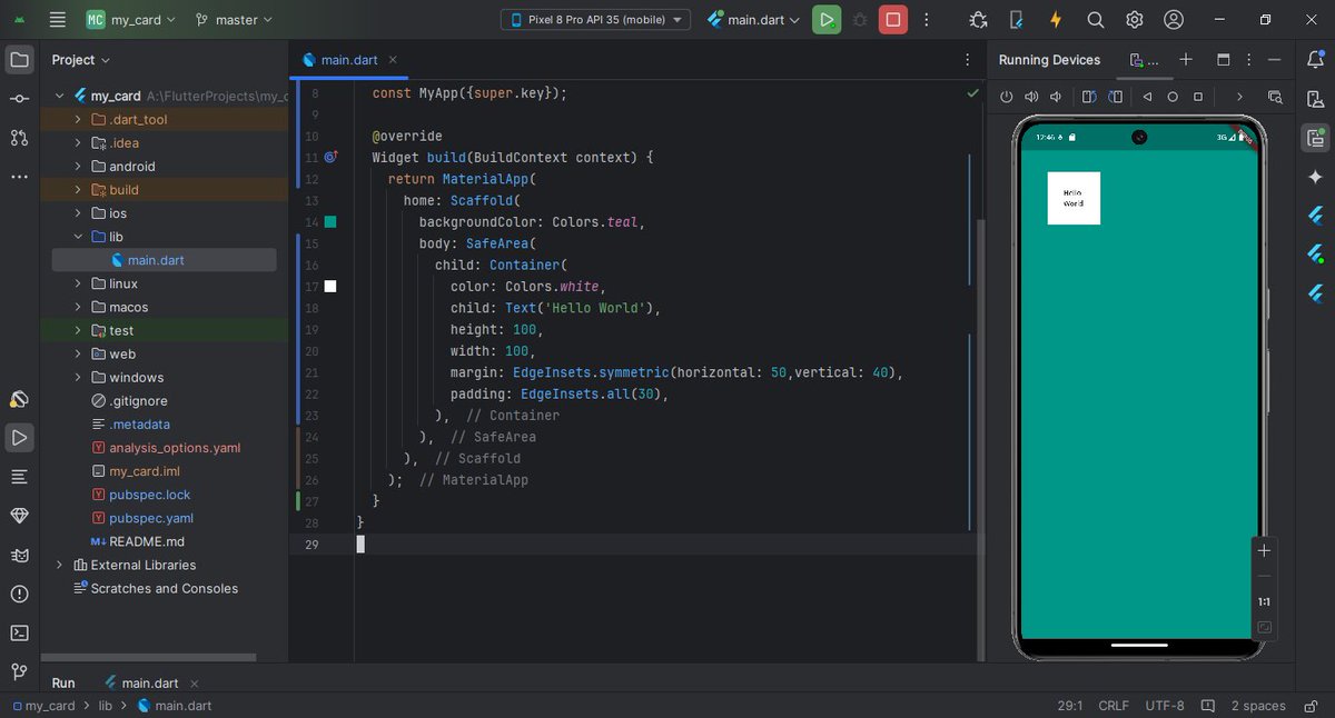11Zaynqazi's tweet photo. "my_card application"
Working with[
Container, Margin, and Padding]😇

#CodingJourney #Flutter
#my_card #ContainerWidget
#AfghanGirlsCode

@a_daneshyar
@CodeToInspire https://t.co/WeNKcW4OI6