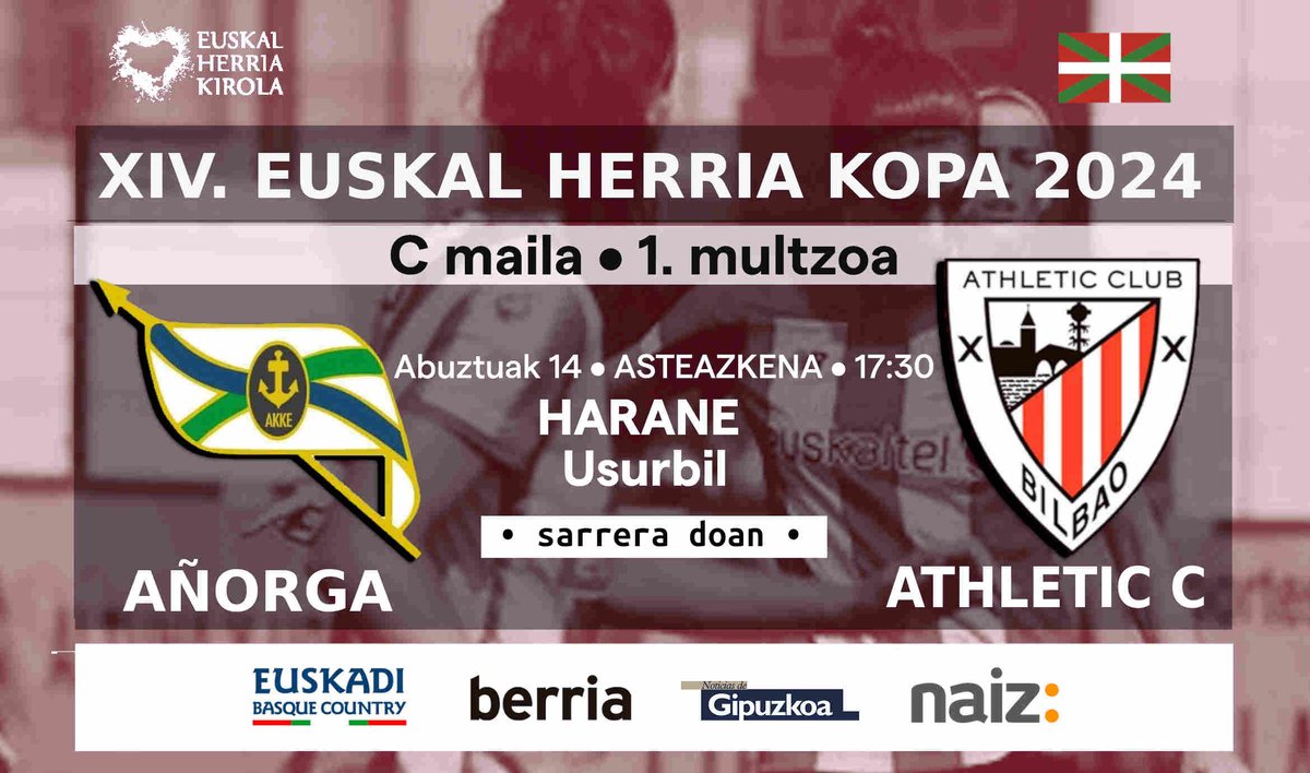 ehkirola's tweet photo. ✅  GAUR, hiru partida  (1/3)
🏆 XIV. Euskal Herria Kopa C1 ⚽
⚡ @AKKEFUTBOLA   🆚  @AthleticClubFem  C ⚡
🗓️ Abuztuak 14 • asteazkena
⏰ 17:30
🏟️ #Harane #Usurbil
#EHKirola #EHKopa
➡️  https://t.co/L4VJBJs43d https://t.co/Vi3VZ6nH3p