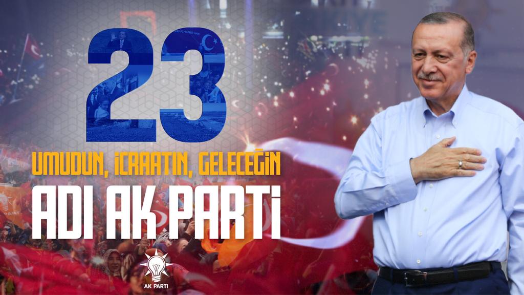 Aziz milletimizin duası ve teveccühü ile iktidara geldiği günden beri hizmet siyasetiyle ülkemize çağ atlatan, umudun, icraatın, geleceğin adı #AkParti23Yaşında 

Genel Başkanımız Sayın <a href="/RTErdogan/">Recep Tayyip Erdoğan</a> ’ın liderliğinde, inandığımız yolda, ilk günkü aşkla daha nice yıllara...