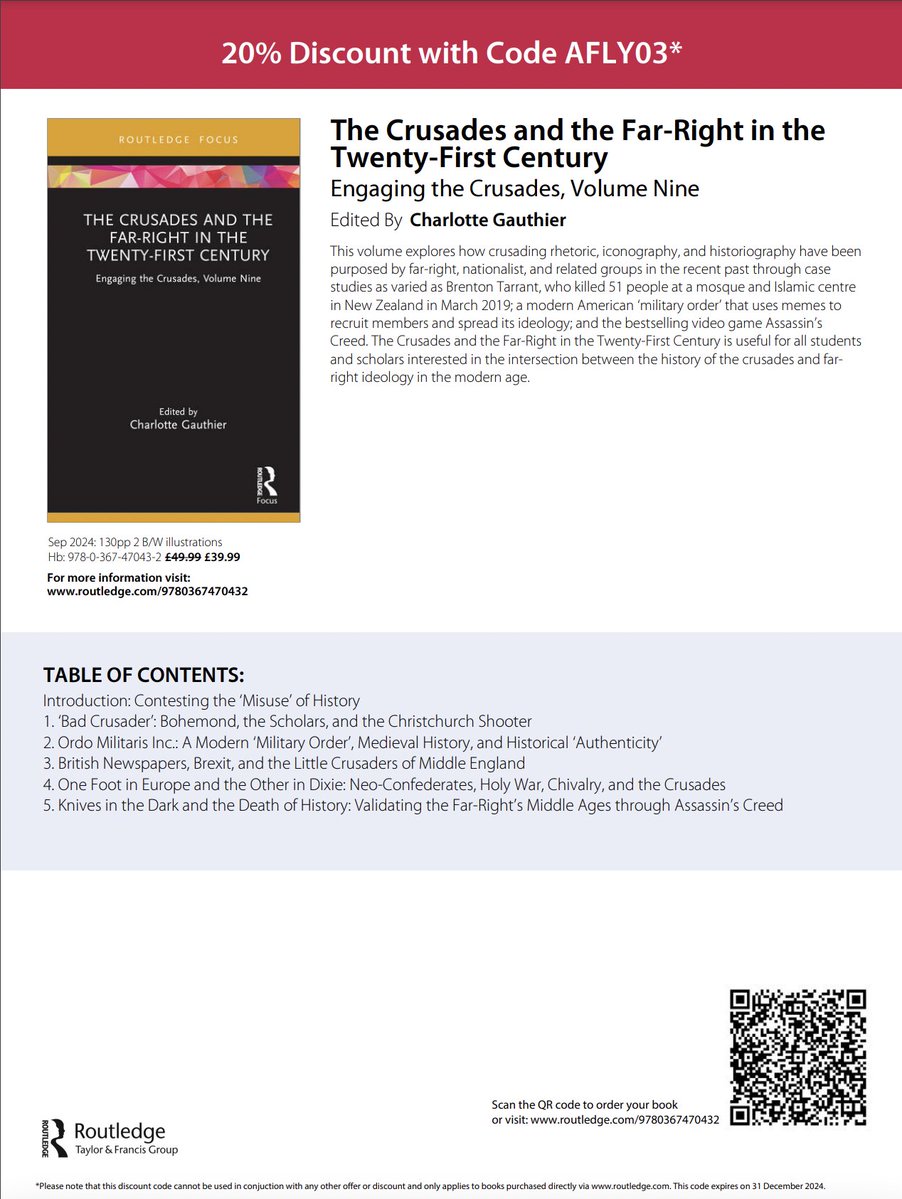 Charlotte Gauthier (@faraiunvers) on Twitter photo Pre-orders open today for 'The Crusades and the Far-Right in the 21st Century' - with contributions from <a href="/RFMacLellan/">Rory MacLellan</a>, <a href="/tlecaque/">Thomas Lecaque</a>, and others. Want to know how the far-right is using an imagined crusading past in pursuit of a desired future? Buy our book!
routledge.com/9780367470432 Pre-orders open today for 'The Crusades and the Far-Right in the 21st Century' - with contributions from <a href="/RFMacLellan/">Rory MacLellan</a>, <a href="/tlecaque/">Thomas Lecaque</a>, and others. Want to know how the far-right is using an imagined crusading past in pursuit of a desired future? Buy our book!
routledge.com/9780367470432