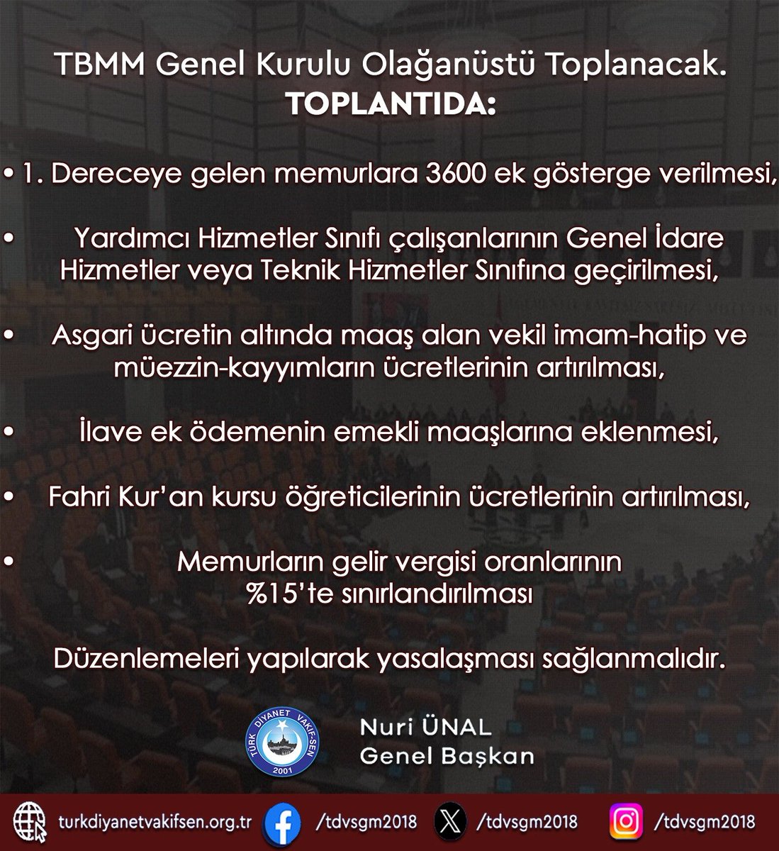 nuri_nuriunal's tweet photo. @TBMMGenelKurulu Olağanüstü Toplantısında;
#3600ekgösterge
#YHS 'nın #GİH ve #THS geçirilmesi
#VekilİmamMüezzin ve #FahriKuranKursuÖğrt. ücretlerinin artırılması 
#Eködemenin #emekli maaşlarına eklenmesi
#GelirVergisi oranının %15’te sınırlandırılması
düzenlemesi yapılmalıdır. https://t.co/2iesMvmUJD