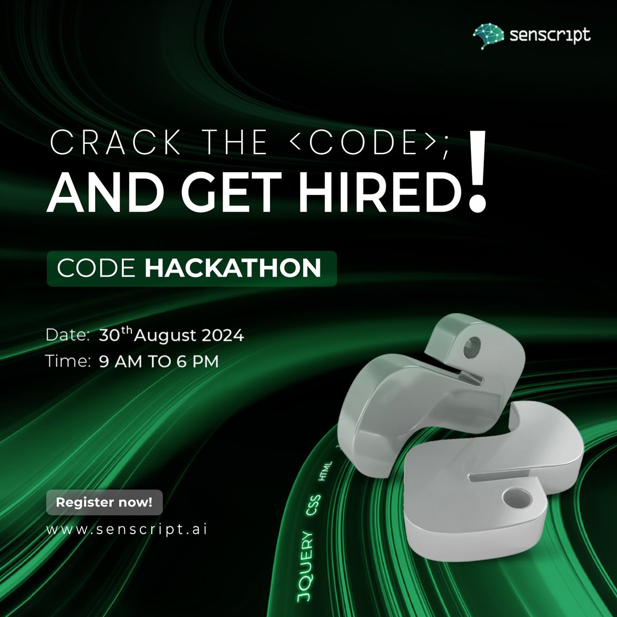 senscript's tweet image. Join us for the ultimate Code Hackathon and showcase your coding skills!

Date: 30th August 2024
Time: 9 AM to 6 PM

Register now and get a chance to win cash prizes and secure a job with us.

Click the link below to register 👇 
senscript.ai/Hackathon/