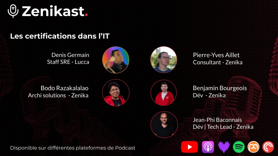 🎙️ Notre second épisode de #Zenikast est dispo sur les plateformes de podcast !

Avec Bodo, <a href="/zwindler/">emma zwilow</a> , <a href="/pyaillet/">pyaillet 🤘 @pyaillet@piaille.fr</a>  et <a href="/bengeois/">Benjamin Bourgeois</a>  nous avons échangé sur les certifications dans l'IT ! Merci à vous pour cet échange très intéressant 🙏

podcasters.spotify.com/pod/show/zenik…

<a href="/ZenikaIT/">Zenika</a>