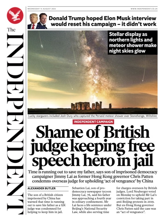 alexander_wpb's tweet image. Today's @Independent splash: Shame of British judge keeping free speech hero Jimmy Lai in jail
Read more here:
independent.co.uk/asia/china/bri…