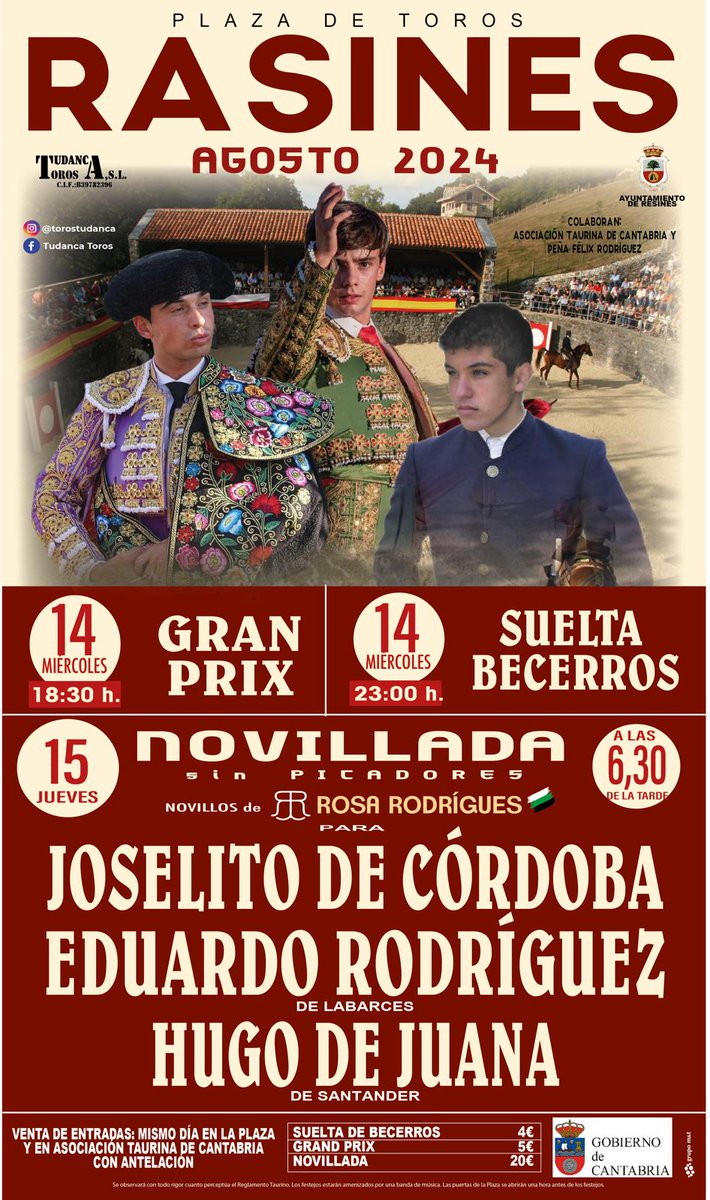 ¿Os quedasteis el sábado pasado con ganas de más?
¡Pues de nuevo novillada en Cantabria! 
📍Rasines.
📆 Mañana, 15 de agosto, a partir de las 18.30.
👥Joselito de Córdoba, Eduardo Rodríguez y Hugo de Juana.
🐂 Rosa Rodrígues
📝 Pasaremos lista 😃
¡Te esperamos!