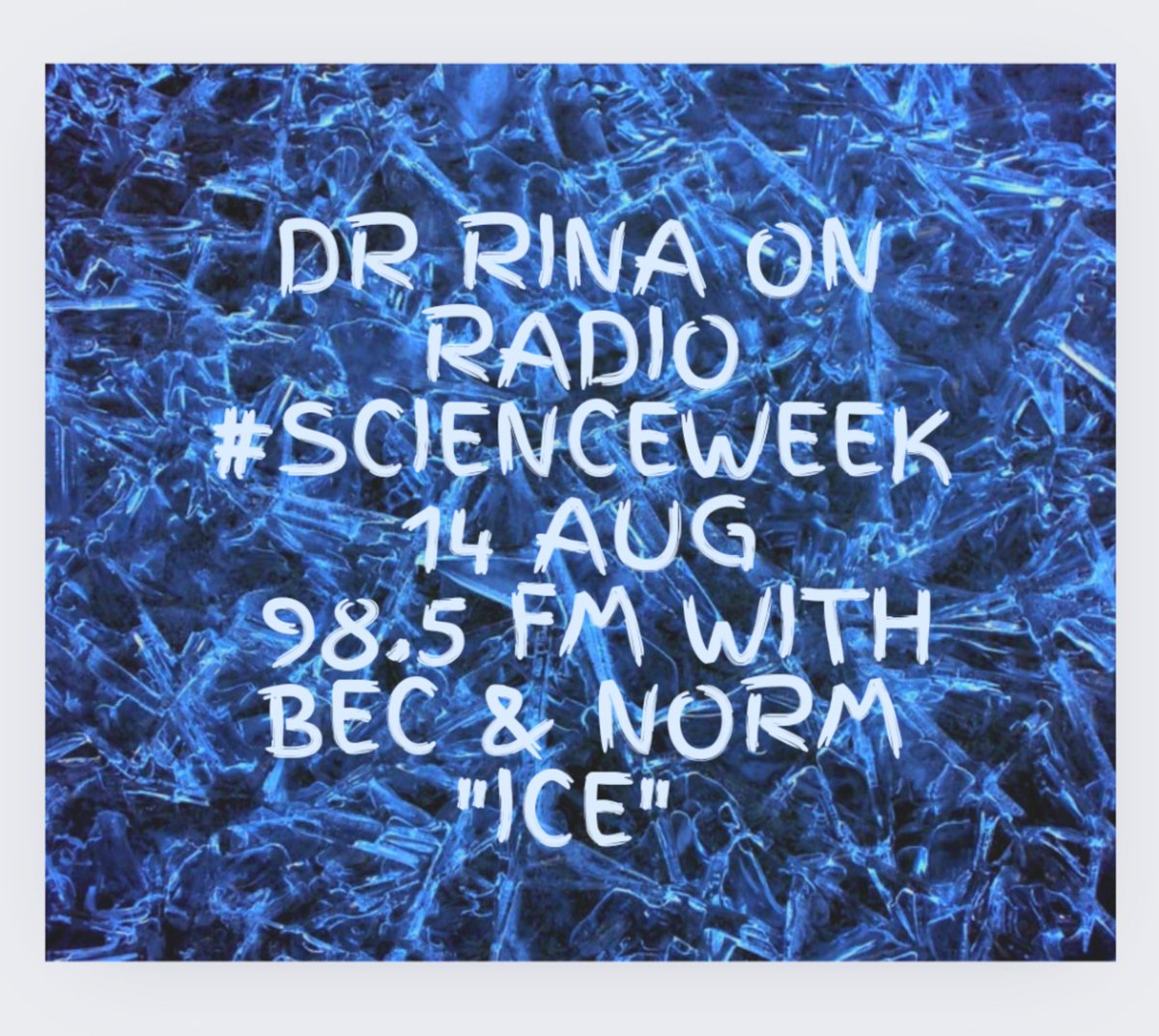 scientist_mum's tweet photo. Why do ice cubes end up being at the top of your glass of drink? Join Bec and Norm on Sonshine 98.5FM this afternoon on DRIVE as we celebrate National #scienceweek
#DrRina #rinafu #rinawong #WITWA #Sonshine #ice #scicomm #community #scientist #stem #stemed #scientistlife #radio https://t.co/1Z9nZyUeSa