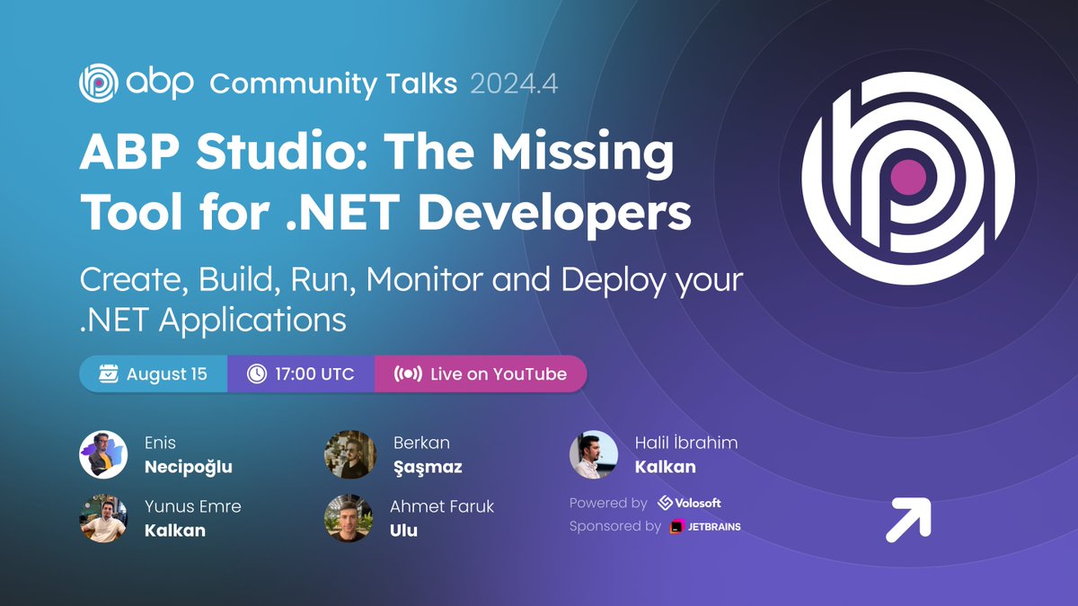 abpframework's tweet photo. โ๏ธ Last Day Before ABP Community Talks 2024.4!
In this episode, you'll learn about the new ABP Studio & more. Join us tomorrow August 15, 2024, at 17:00 (UTC) to hear more about it! Register from ๐ https://t.co/tgPShtAtbc
#dotnet #ABP #ABPStudio #ABPCommunityTalks https://t.co/ozXaGcGCNX