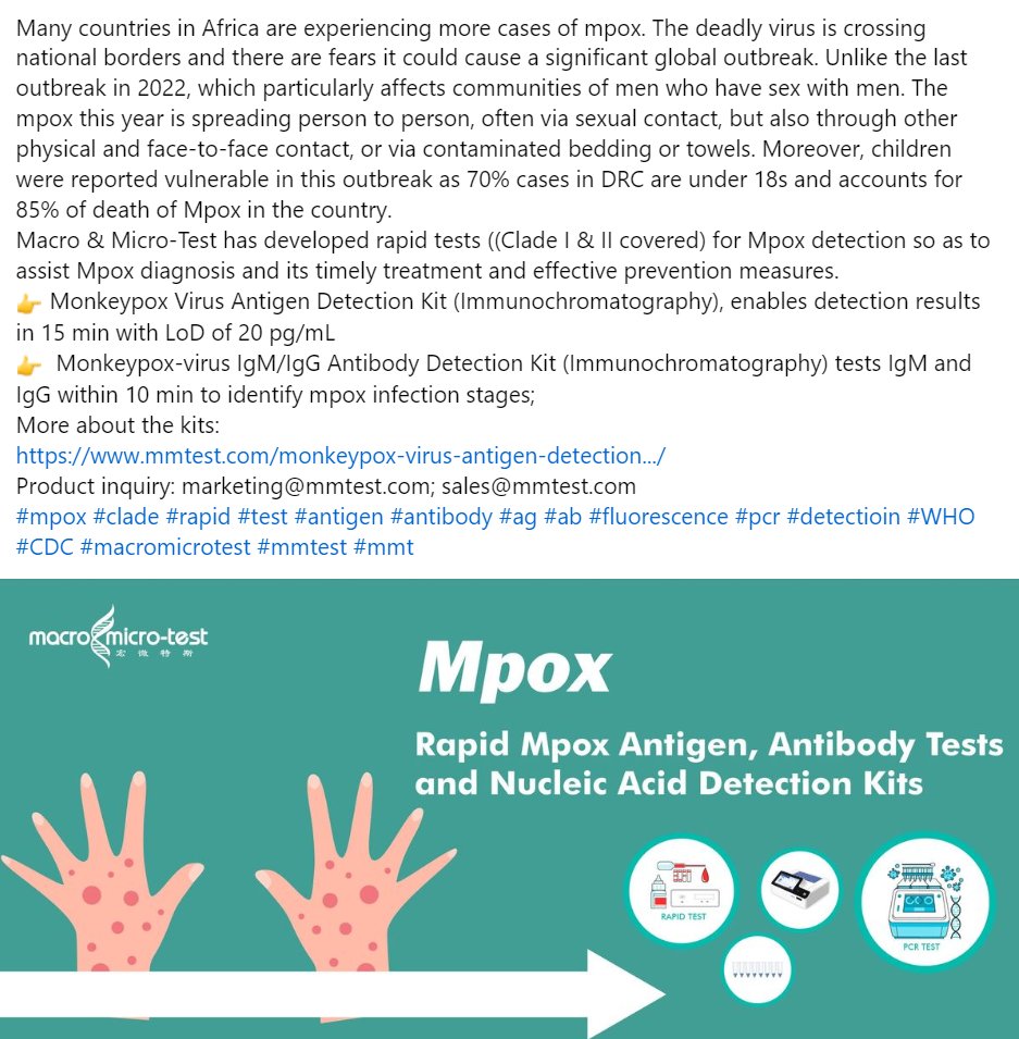 MacroMicroTest's tweet image. Monkeypox Virus Antigen Detection Kit (Immunochromatography),  results in 15 min with LoD of 20 pg/mL
Monkeypox-virus IgM/IgG Antibody Detection Kit (Immunochromatography) tests IgM and IgG within 10 min to identify infection stages;
Product inquiry: marketing@mmtest.com; 
#mpox