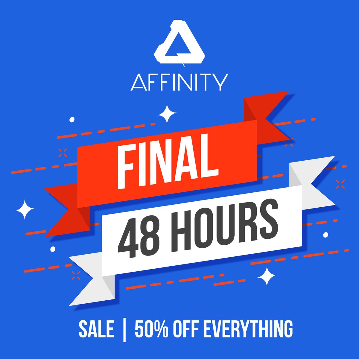 Affinity's tweet image. Sale ends 15 August! Don't miss 50% OFF our desktop and iPad apps, Universal Licence, brush packs, overlays and more – there are only 48 hours left to save: affin.link/nr6w

#AffinityPhoto #AffinityDesigner #AffinityPublisher