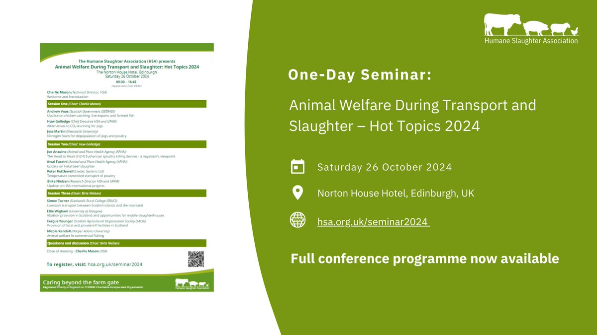 📢FULL PROGRAMME now available for the HSA's one-day seminar: Animal Welfare During Transport and Slaughter - Hot Topics 2024.

To register, or to view the programme, please visit➡️ ow.ly/XgLR50SXne8