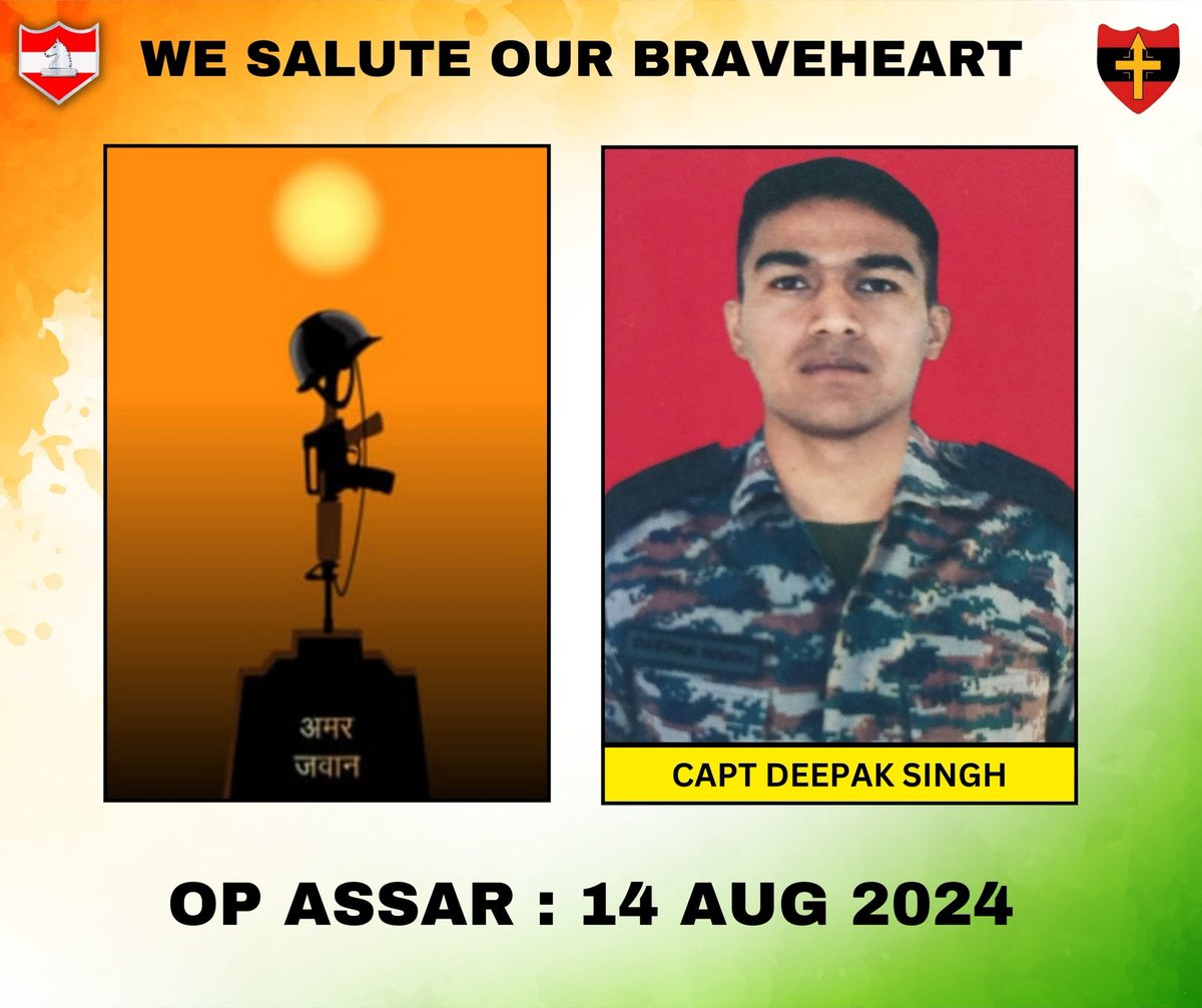 <a href="/adgpi/">ADG PI - INDIAN ARMY</a> <a href="/NorthernComd_IA/">NORTHERN COMMAND - INDIAN ARMY</a> <a href="/JmuKmrPolice/">J&K Police</a> All Ranks of #WhiteKnightCorps salute the supreme #sacrifice of #Braveheart Capt Deepak Singh who succumbed to his injuries.

#WhiteKnightCorps offers deepest condolences and stands firm with the bereaved family in this hour of grief.

<a href="/adgpi/">ADG PI - INDIAN ARMY</a>
<a href="/NorthernComd_IA/">NORTHERN COMMAND - INDIAN ARMY</a>