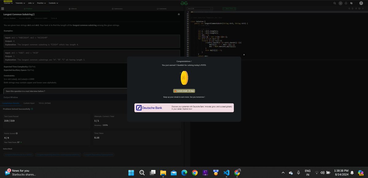 jacktriggered1's tweet image. 🌟 #geekstreak2024  Challenge 📷 Day [22/30]: Solved the Problem of the Day on

@geeksforgeeks

! 📷📷 📷 Problem:Longest Common Substring Stay tuned for more updates as I continue this 30-day streak without any breaks! 📷📷 #CodingChalleng 📷📷