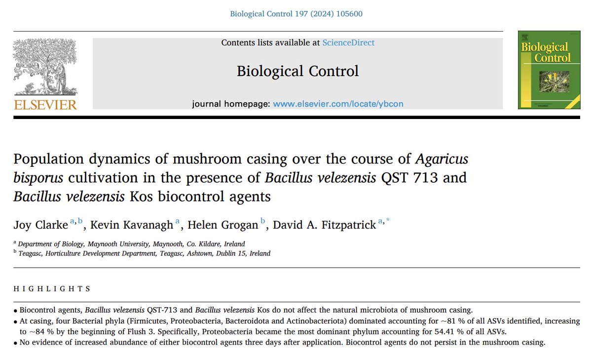 Happy to share <a href="/JoyHClarke/">Joy Clarke</a> latest publication led by <a href="/DFitzpatrickMU/">David Fitzpatrick</a>. This work investigated the impact of biocontrol treatments on the population dynamics of mushroom casing 🍄
<a href="/TeagascHDD/">Teagasc Horticulture Development Dept</a> <a href="/MaynoothBiology/">Maynooth Biology</a> 
 doi.org/10.1016/j.bioc…