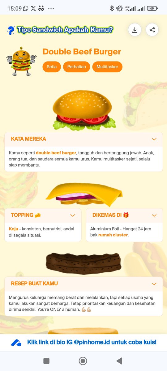 tukangmoIor's tweet photo. Waduh ternyata aku anak double beef burger nih wkwkwk emang sih bener kalau lagi bengong pasti mikirinnya keluarga, gmn pun caranya bisa bantu mereka 😅

Yuk guys coba main fun quiz seruu bgt 
https://t.co/RrnZFARQ12 https://t.co/Du46NTSwZk
