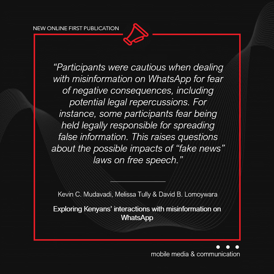 Mobile Media & Comm (@mobilemediacomm) on Twitter photo 🔍 How do Kenyans interact with misinformation on WhatsApp?
<a href="/KevinCharles144/">Kevin C. Mudavadi, Ph.D.</a>, <a href="/tullyme/">Melissa Tully</a>, & <a href="/davidlomoywara/">david lomoywara</a> explore how Kenyan adults perceive and respond to misinformation on WhatsApp.
Many acknowledge risks but hesitate to correct fake news.
👉
journals.sagepub.com/doi/10.1177/20… 🔍 How do Kenyans interact with misinformation on WhatsApp?
<a href="/KevinCharles144/">Kevin C. Mudavadi, Ph.D.</a>, <a href="/tullyme/">Melissa Tully</a>, & <a href="/davidlomoywara/">david lomoywara</a> explore how Kenyan adults perceive and respond to misinformation on WhatsApp.
Many acknowledge risks but hesitate to correct fake news.
👉
journals.sagepub.com/doi/10.1177/20…