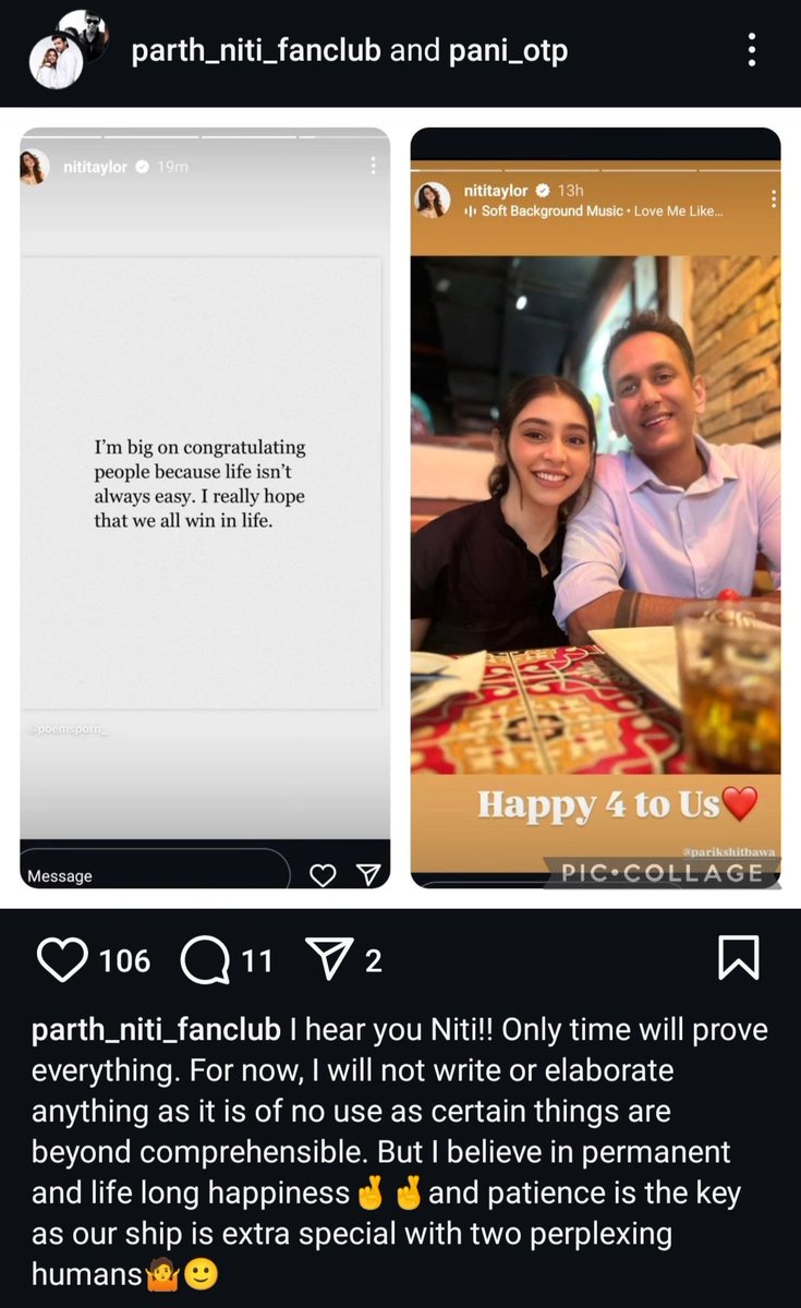 Truthteller2517's tweet photo. The audacity of these people to stay delululued and manipulate others even after Niti giving clear sign and signals of she is happily married and together on their anniversary celebrating in silence 🧠shippus dropped🧠

#Nititaylor #MaNan #parthsamthaan https://t.co/X3vKvFdv0A
