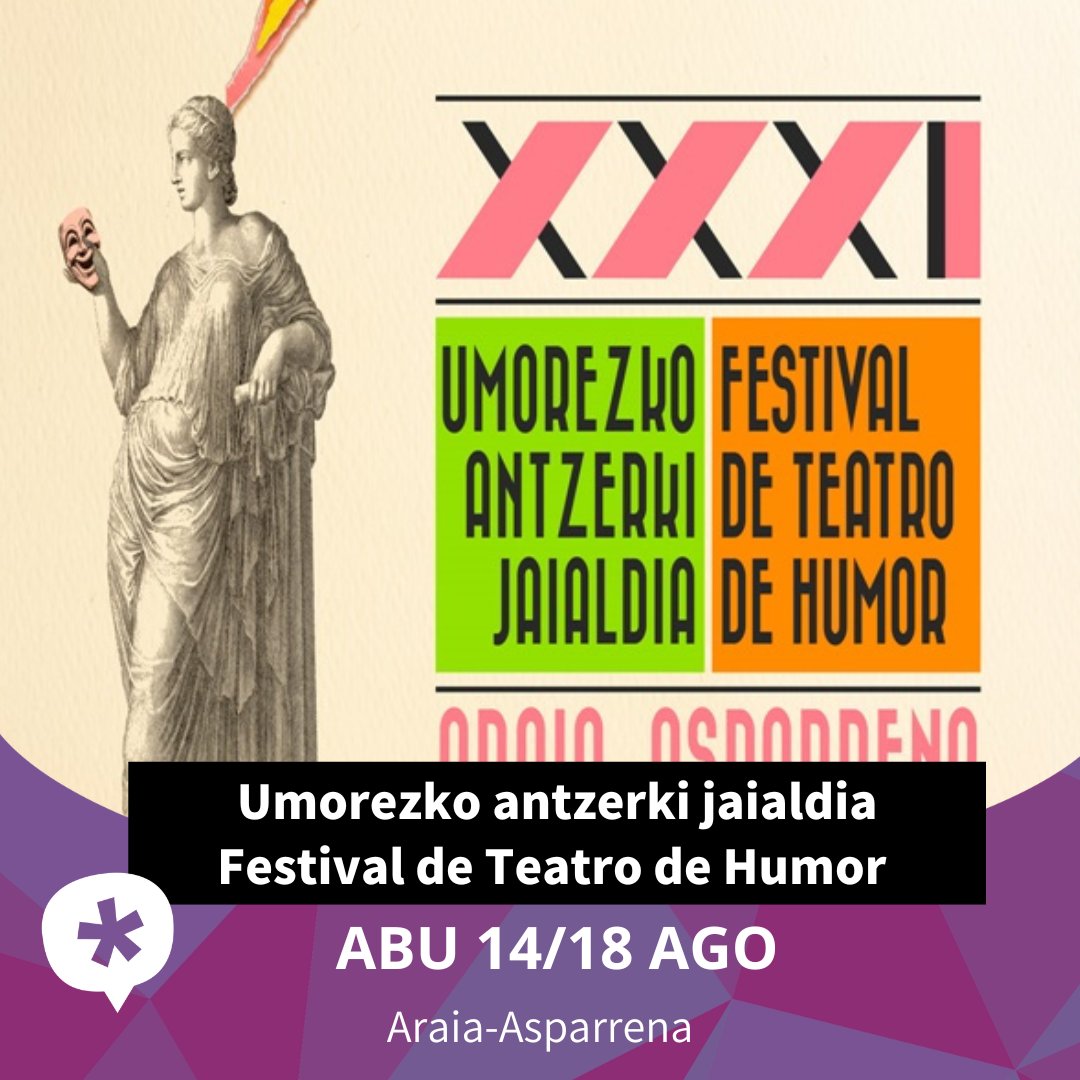 🎭Araia-Asparrenako Umorezko #Antzerki Jaialdia 2024
📅 abuztuaren 14tik 18ra
🔗tinyurl.com/4j29v9sw

🎭Festival de #Teatro de #Humor de Araia-Asparrena 2024
📅del 14 al 18 de agosto
🔗tinyurl.com/yjp7pvdn
#DFAlava <a href="/Lautur1/">ArabakoLautada</a> #araba #alava <a href="/Asparrena_Udala/">Asparrena</a>