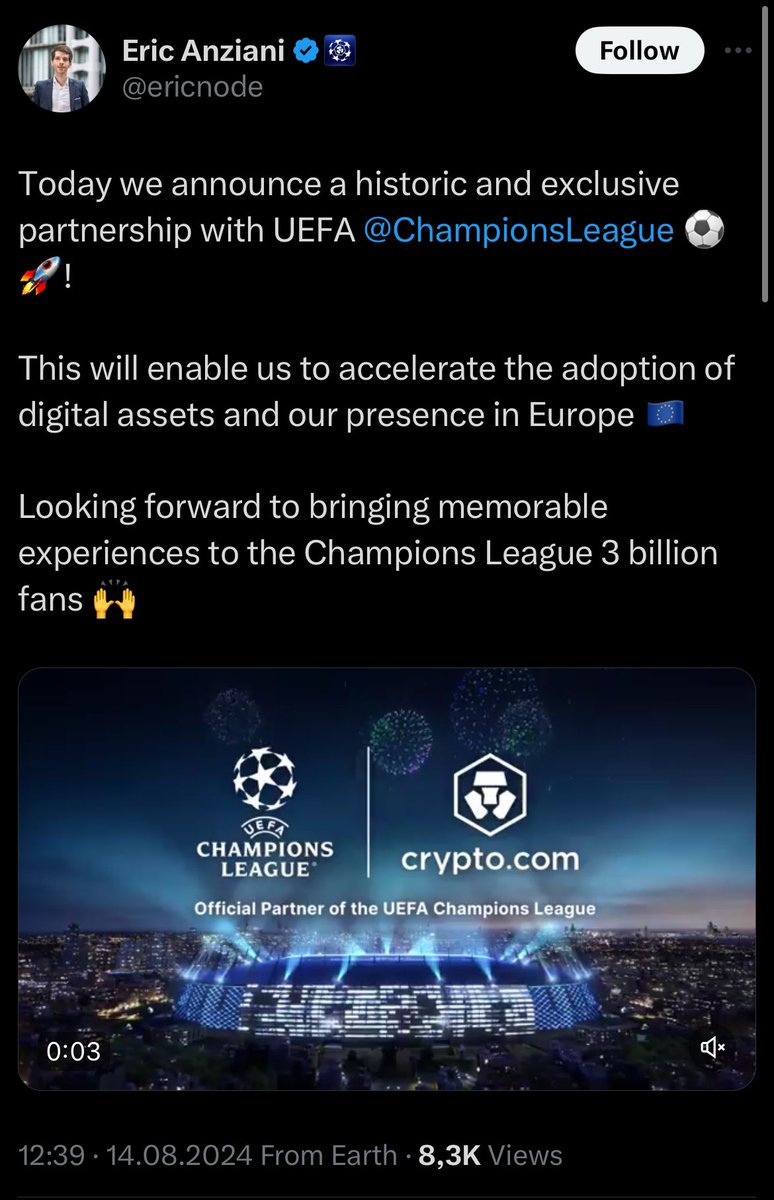 منصة <a href="/cryptocom/">Crypto.com</a> لتداول العملات الرقمية أصبحت شريكاً لدوري أبطال أوروبا! 👏🏼👏🏼👏🏼

رئيس المنصة وصف الشراكة بأنها تاريخية وحصرية 💎⚽️

سعر عملة المنصة $CRO ارتفعت حوالي 4% فقط منذ إعلان الخبر.