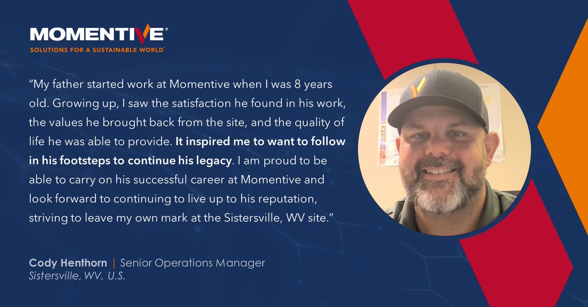 Momentive's tweet image. Today, we are pleased to spotlight Cody Henthorn, who is carrying on a legacy of excellence and enabling Solutions for a Sustainable World™ in Sistersville, West Virginia, U.S.!

#PartoftheSolution #SolutionsforaSustainableWorld #EmployeeSpotlight #WeareProud