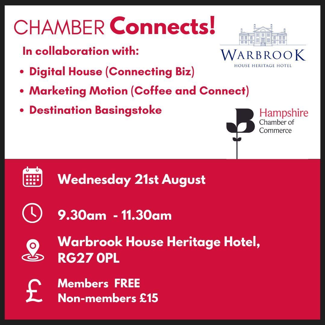 A week to go until our next Chamber Connects! networking event! Book here👉  buff.ly/3zOYMCr 

What you need to know 👇 

📅 Wednesday 21st August
🕥 9.30am - 11.30am
📍  Warbrook House Heritage Hotel, RG27
👛 FREE to Hampshire Chamber members and £15 for non-members.