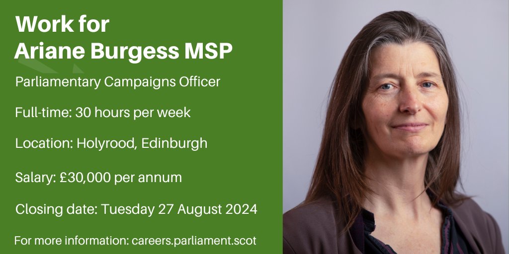 MSPS Jobs (@work4msps) on Twitter photo Ariane Burgess MSP (<a href="/ArianeBurgessHI/">Ariane Burgess</a>) is looking for a Parliamentary Campaigns Officer to join her team, based in #Holyrood. Find out more: ow.ly/h7kl50SROUw Ariane Burgess MSP (<a href="/ArianeBurgessHI/">Ariane Burgess</a>) is looking for a Parliamentary Campaigns Officer to join her team, based in #Holyrood. Find out more: ow.ly/h7kl50SROUw