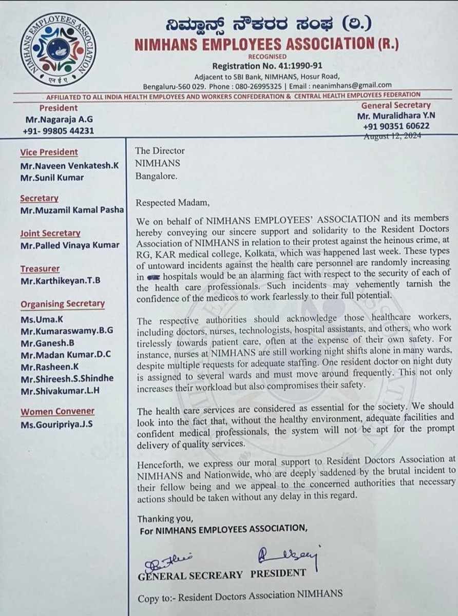 RDA_NIMHANS's tweet photo. NIMHANS Employees Association extended their support in solidarity with the resident doctors.
#BENGAL_HORROR 
#abhaya
#NIMHANSwithRGKAR https://t.co/zAVoIcq2WU
