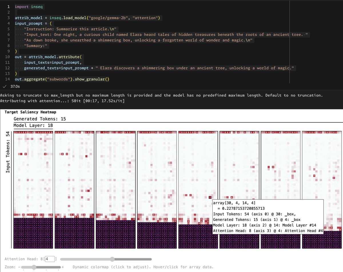 InseqLib's tweet image. Thanks to the new treescope integration, @InseqLib now supports interactive visualizations for multidimensional attributions (show_granular), token highlights (show_tokens) and improved viz for attribute_context CLI! 🚀 Install main, will appear in v0.7

x.com/_ddjohnson/sta…