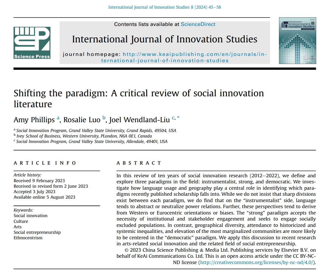 📰#NewArticle in 2024  

"Shifting the paradigm: A critical review of social innovation literature"  

By Amy Phillips, Rosalie Luo, Joel Wendland-Liu

#Innovation #Entrepreneurship #culture 

Read more: sciencedirect.com/science/articl…