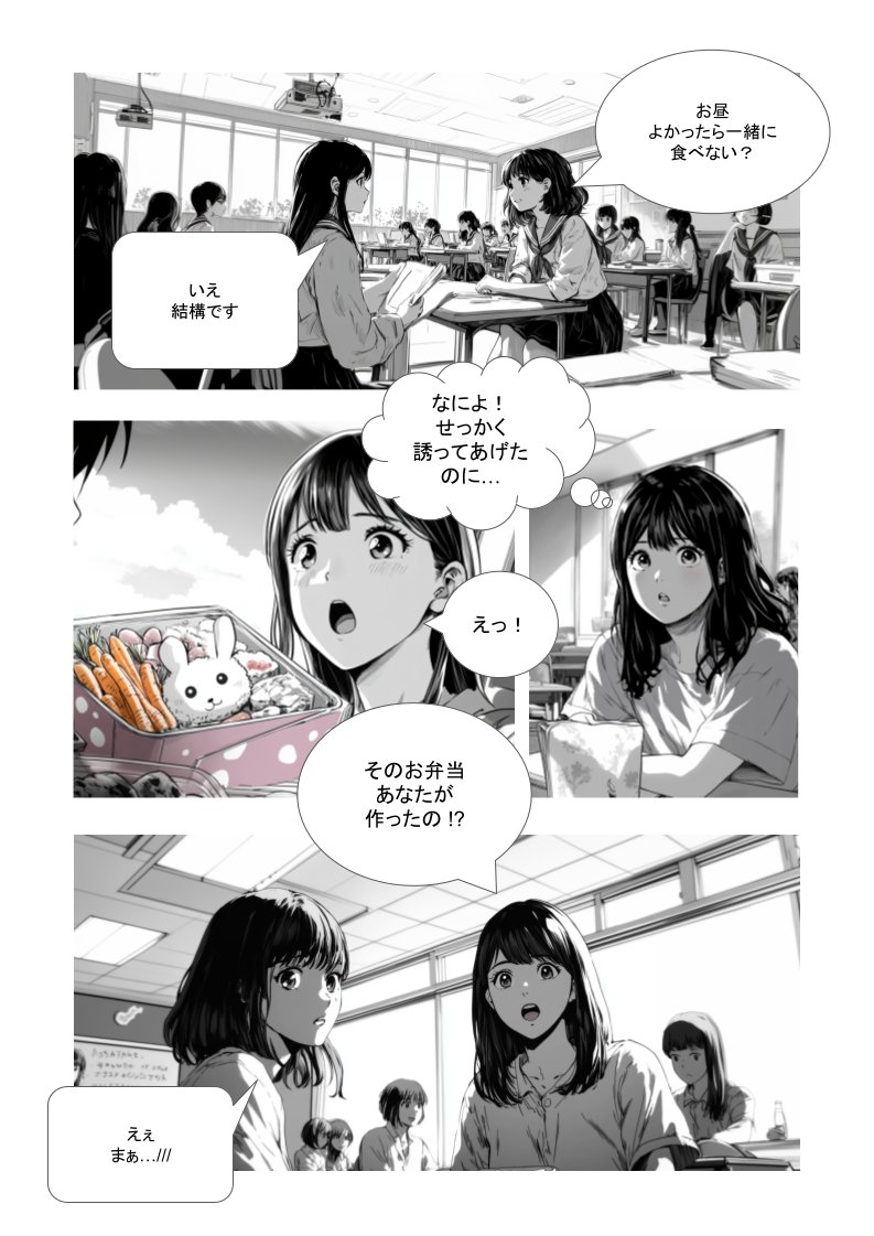 同じプロンプトを使ってDALL-E3、Midjourney、Grokで画像を生成+Googleスライドで漫画形式にしたもの✍️
❶DALL-E3はFlameplannerの中でも使ったので感触は同じ。