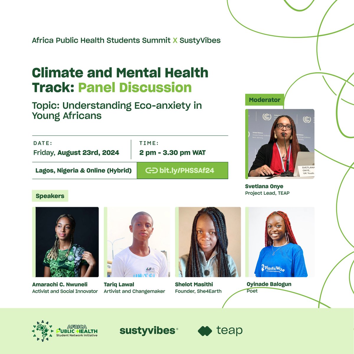 teap_africa's tweet photo. We are excited to share the Climate Change and Mental Health sub-track events at the Africa Public Health Students Summit, Aug 22-24! 🌍🧠
Join us by registering for the main summit 👇🏾https://t.co/fL1uxSLSdz
#ClimateChangeandHealth #PHSSAfrica2024 #SaveTheFutureNow https://t.co/883dUB17o8