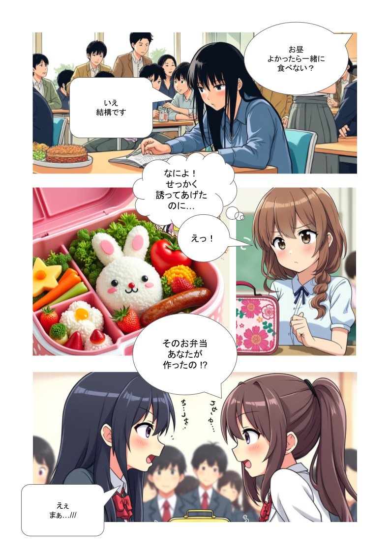 同じプロンプトを使ってDALL-E3、Midjourney、Grokで画像を生成+Googleスライドで漫画形式にしたもの✍️
❶DALL-E3はFlameplannerの中でも使ったので感触は同じ。