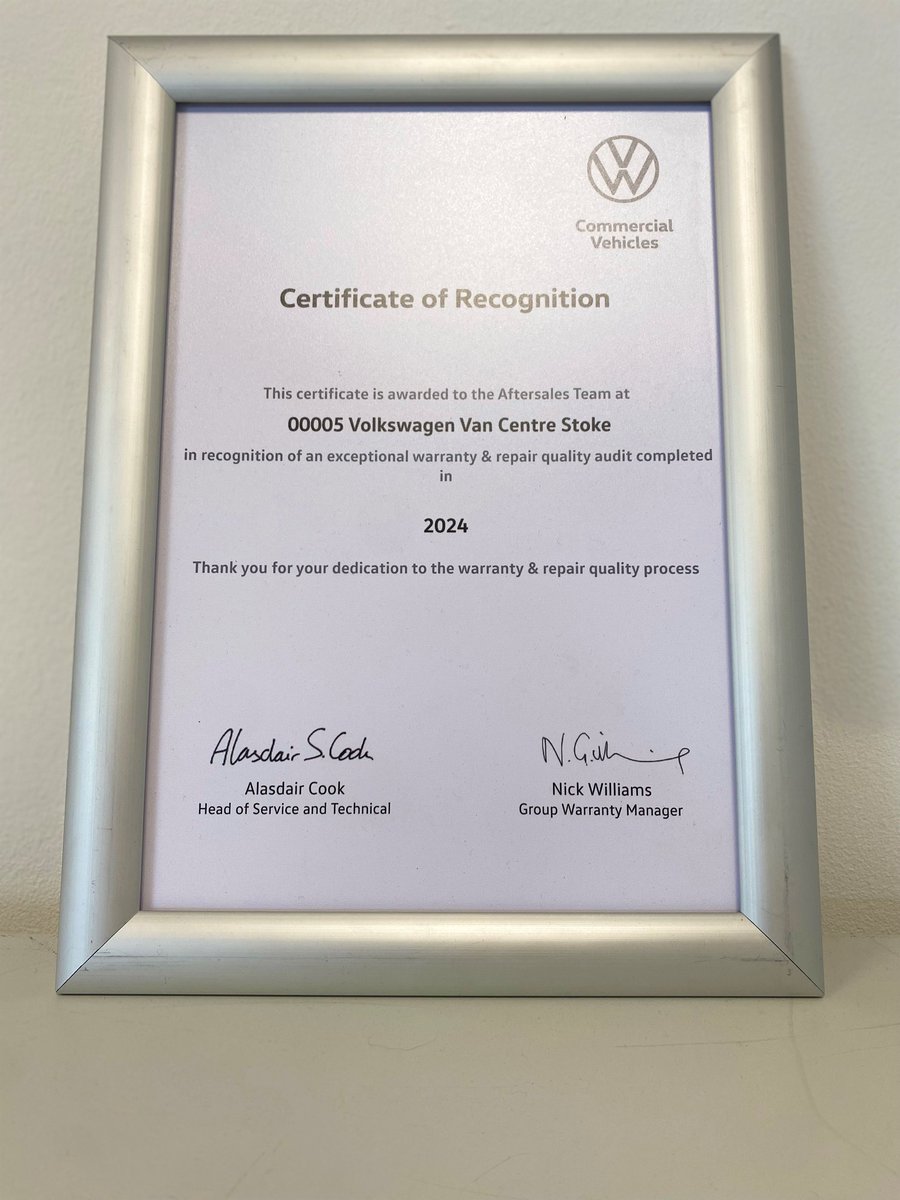pentagonvw's tweet photo. There are smiles all around at our Pentagon Volkswagen Van Centre Stoke! 😁

The dealership recently received a certificate of recognition for their exceptional warranty and repair services! 

Well done to all involved! 👏

#Vans #Dealership #Recognition #PentagonVW #Stoke https://t.co/658qWLd85R