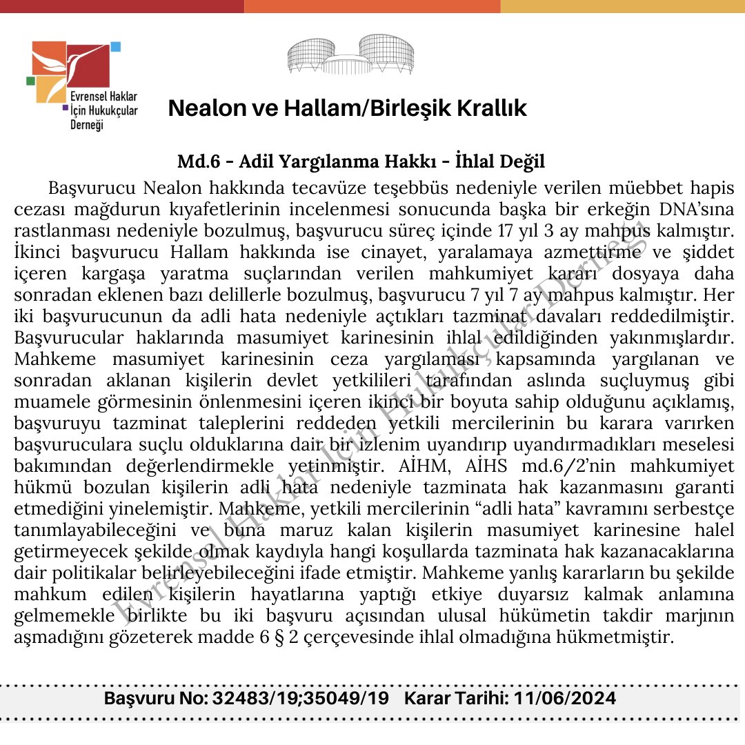 evrensel_haklar's tweet photo. Avrupa İnsan Hakları Mahkemesi, Haziran ayında Daire ve Büyük Daire formasyonunda esasa ilişkin 36 karar verdi. Mahkeme, bu kararların 25’ini yüksek ve orta öneme sahip karar olarak tasnif etti. EHHD olarak bu 25 karar hakkında Türkçe bilgi notları hazırladık.
#hudoc #humanrights https://t.co/5TZf0UA43R