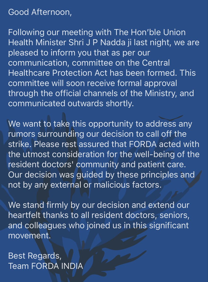FordaIndia's tweet photo. Our statement regarding the ongoing situation. 

We stand in complete solidarity with R G Kar Medical College and we will follow up closely, until justice is delivered. 

@ANI @PTI_News @MoHFW_INDIA @OfficeofJPNadda @JPNadda https://t.co/tWC7OUNJlv