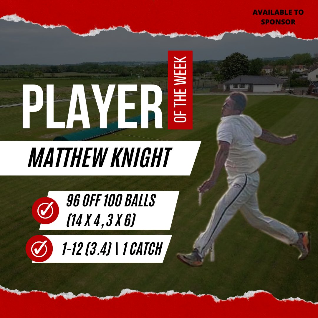 Ilton Cricket Club (@iltoncc) on Twitter photo ๐ฃ๐น๐ฎ๐๐ฒ๐ฟ ๐ผ๐ณ ๐๐ต๐ฒ ๐ช๐ฒ๐ฒ๐ธ
๐ Player of the Week goes to Matthew Knight, for his 96 off 100 balls.
๐ Other notable performances include;
Andrew Mason | 5-39 off 8 overs
Rory Cooper Smith | 43 off 52 balls
๐ค Available to Sponsor
#iltoncricketclub #playeroftheweek ๐ฃ๐น๐ฎ๐๐ฒ๐ฟ ๐ผ๐ณ ๐๐ต๐ฒ ๐ช๐ฒ๐ฒ๐ธ
๐ Player of the Week goes to Matthew Knight, for his 96 off 100 balls.
๐ Other notable performances include;
Andrew Mason | 5-39 off 8 overs
Rory Cooper Smith | 43 off 52 balls
๐ค Available to Sponsor
#iltoncricketclub #playeroftheweek