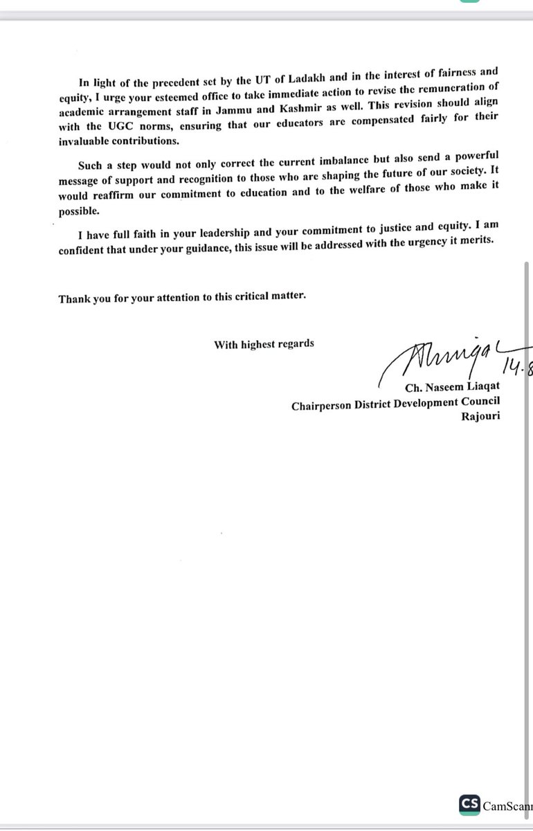In line with the recent decision to increase the remuneration of contractual lecturers in Ladakh, JKNC Leader and DDC Chairman <a href="/naseemliaqat/">Ch. Naseem Liaqat</a> writes to the <a href="/OfficeOfLGJandK/">Office of LG J&K</a> demanding a similar hike for contractual lectures and academic staff in Government Degree Colleges across