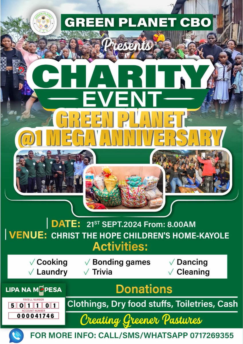 Greenplanet_cbo's tweet photo. Are you ready for our next event🥳🥳
Guess you don't wanna miss out on this😊
Join us on 21st September at Christ The Hope Children's Home in Kayole as we create Greener Pastures💚
check the poster for all other details😊
For more information you can DM us or call 0717269355🔥🔥 https://t.co/1UVBwfgdI8