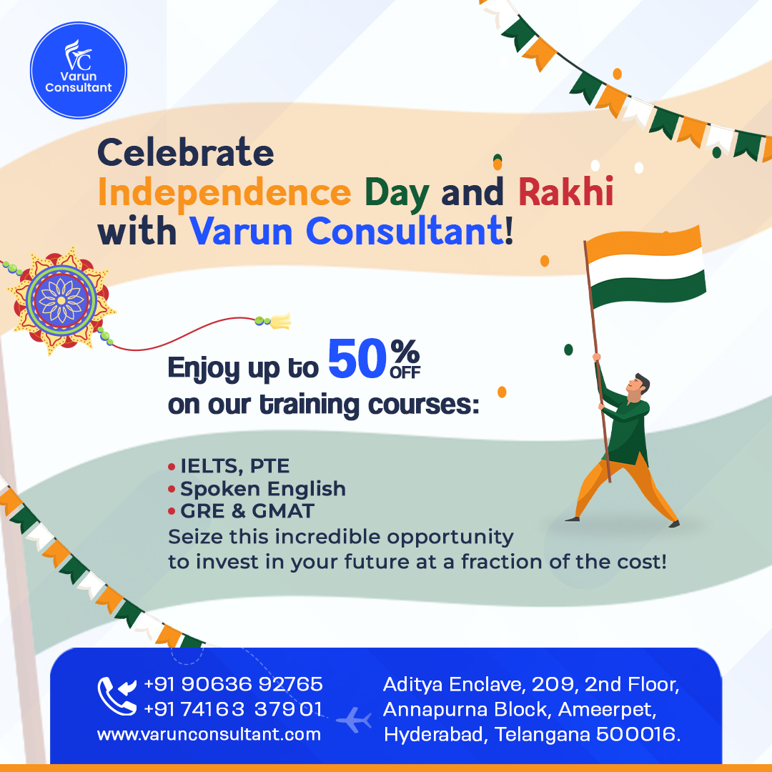 VarunConslt0502's tweet photo. Celebrate Independence Day & Rakhi with Varun Consultant! Get up to 50% off on IELTS, PTE, Spoken English, GRE & GMAT training courses! Don't miss this chance to invest in your future!
#IndependenceDay #RakhiSpecial #VarunConsultant #IELTSPrep #PTETraining #GREPrep #GMATPrep https://t.co/aZhmgA4hGf