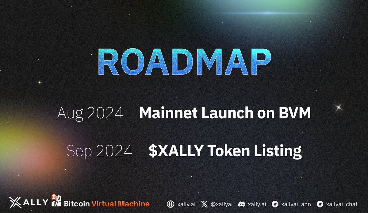 xallyai's tweet photo. 🌟 Xally Chain Roadmap Alert! 🚀

Hey, Xallyos! 

The news we've all been waiting for is finally here!

We've been working around the clock to gear up for this monumental phase in our project when we launch #XallyChain Mainnet & list $XALLY token. 

Here is the expected timeline:

🔗 August 2024: Gear up for the Mainnet launch on @BVMnetwork ! 

🔗 September 2024: Get ready for the $XALLY Token listing! 

Our dedicated team has been focused on ensuring a smooth launch and establishing a strong market presence this fall.

Stay tuned for more updates and get ready to experience the future of blockchain with Xally Chain! 🌐✨

#XallyAI #BitcoinLayer2 #BitcoinL2