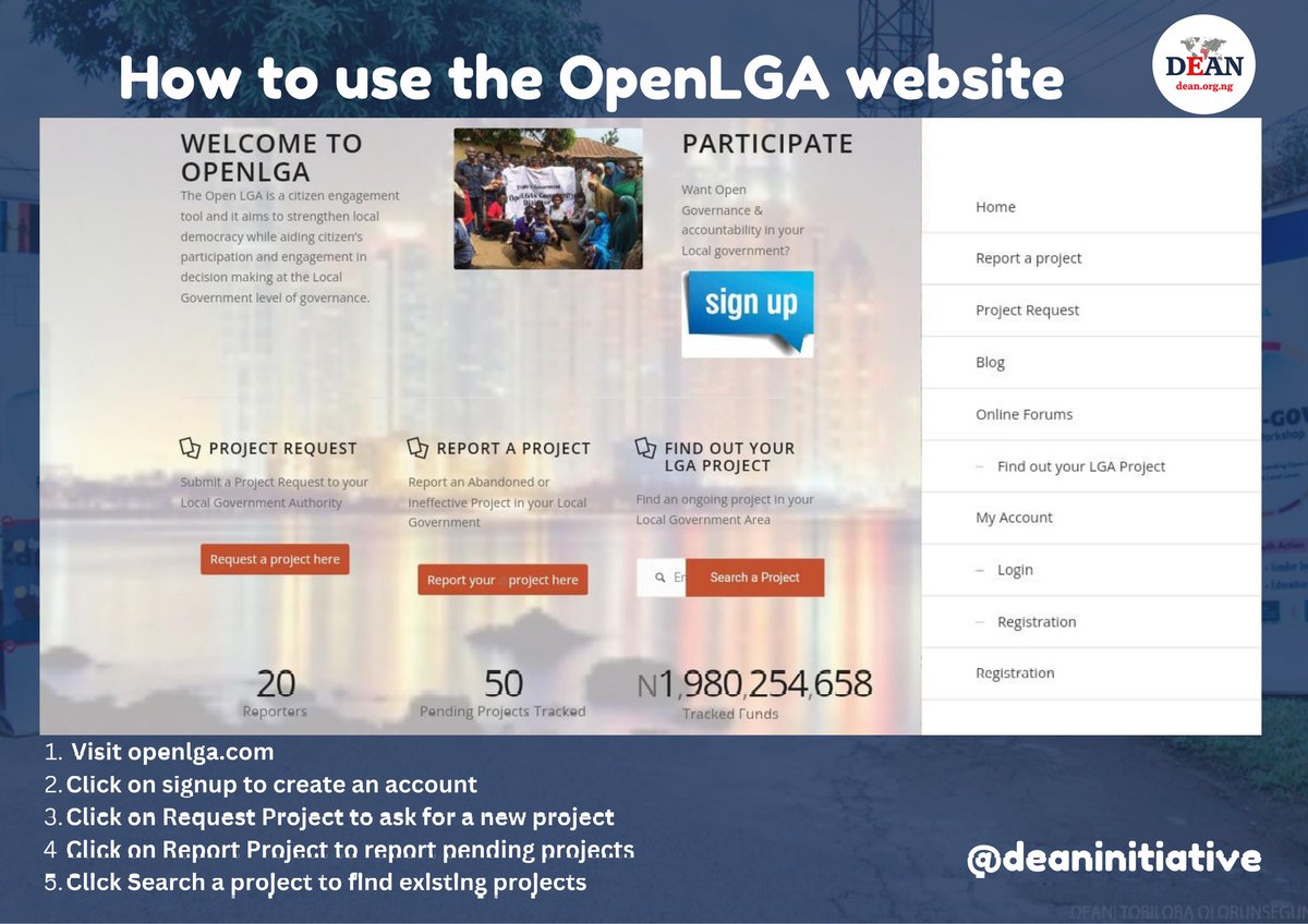 DEANinitiative's tweet photo. Do you know how to use the https://t.co/HWEaBITz9g website?
You should try it now!!!
Request a project...
Report a project...
Search a project...
Let the Local Government be accountable.
#OpenLGA https://t.co/6oXKRkE5PX