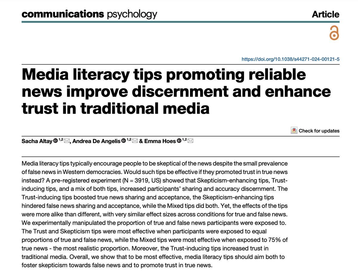 Emma Hoes (@emmahoes93) on Twitter photo 🥳 New publication! <a href="/CommsPsychol/">Communications Psychology</a>
As misinfo is rare and more news is reliable, do media literacy tips boosting trust in true news work just as well as ones promoting skepticism of false news? Yes! And as a bonus, they also boost trust in the media!
👉 shorturl.at/d8CNp 🥳 New publication! <a href="/CommsPsychol/">Communications Psychology</a>
As misinfo is rare and more news is reliable, do media literacy tips boosting trust in true news work just as well as ones promoting skepticism of false news? Yes! And as a bonus, they also boost trust in the media!
👉 shorturl.at/d8CNp