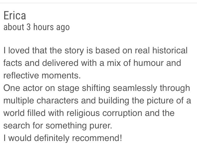 More
Lovely audience review coming in. Join the guglielmite heretics at Carbon (cowgate) every day at 2pm! #EdFringe24 #darkcomedy #womenempowement 👉 tickets.edfringe.com/whats-on/popes…