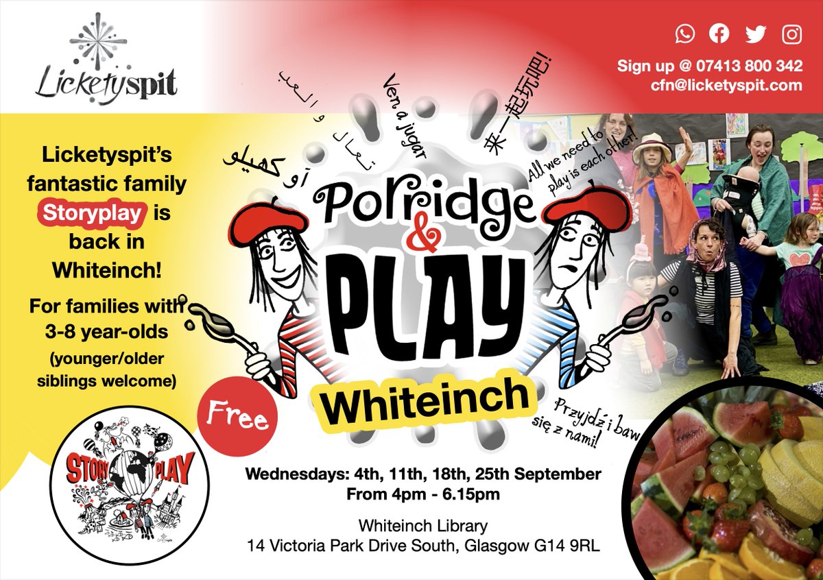 Big Porridge &amp; Play Glasgow is coming BACK to Govan, Whiteinch &amp; Castlemilk this September! Delivering children’s rights through transformational, inclusive, limitless imaginary play! For local families with 3-8 year olds, older &amp; younger siblings welcome! #Storyplaycity #BPPG24