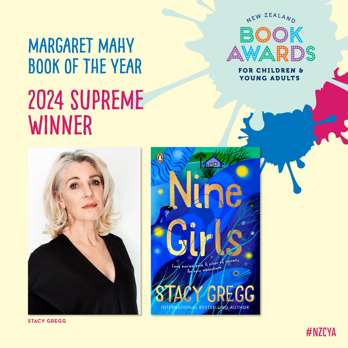 🏆 The Margaret Mahy Book of the Year goes to ‘Nine Girls’ by Stacy Gregg Penguin, Penguin Random House. This book celebrates Māori identity, pays tribute to Aotearoa’s rich history, and testifies to the power of storytelling. #NZCYA #BooksAlive <a href="/PenguinBooks_NZ/">Penguin Books NZ</a>