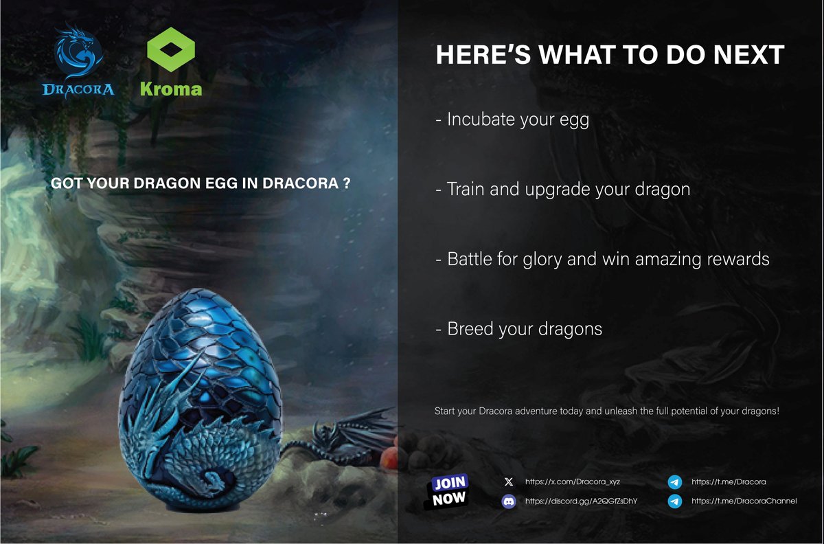 🔥 Got your Dragon Egg in Dracora? 🔥  
Here's what to do next: 🐉  
🥚 #Incubate your egg: Nurture your egg and watch as it transforms into a magnificent dragon. Every #egg holds a unique #dragon with its own special abilities and traits.  
💪 #Train and #upgrade your dragon: