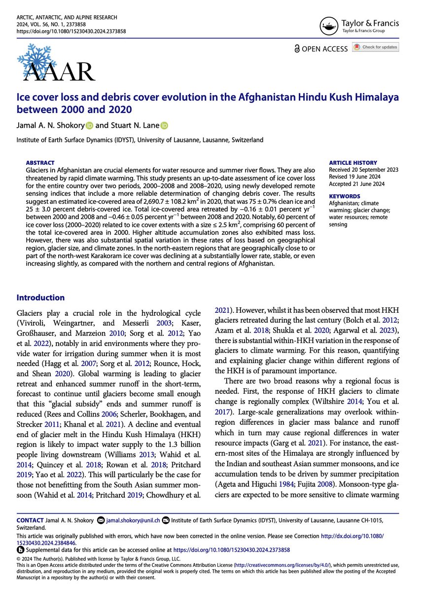 New paper out 🥳
Ice cover loss and debris cover evolution in the #Afghanistan Hindu Kush #Himalaya between 2000 and 2020 by <a href="/JShokory/">Jamal Shokory</a> and Lane SN.