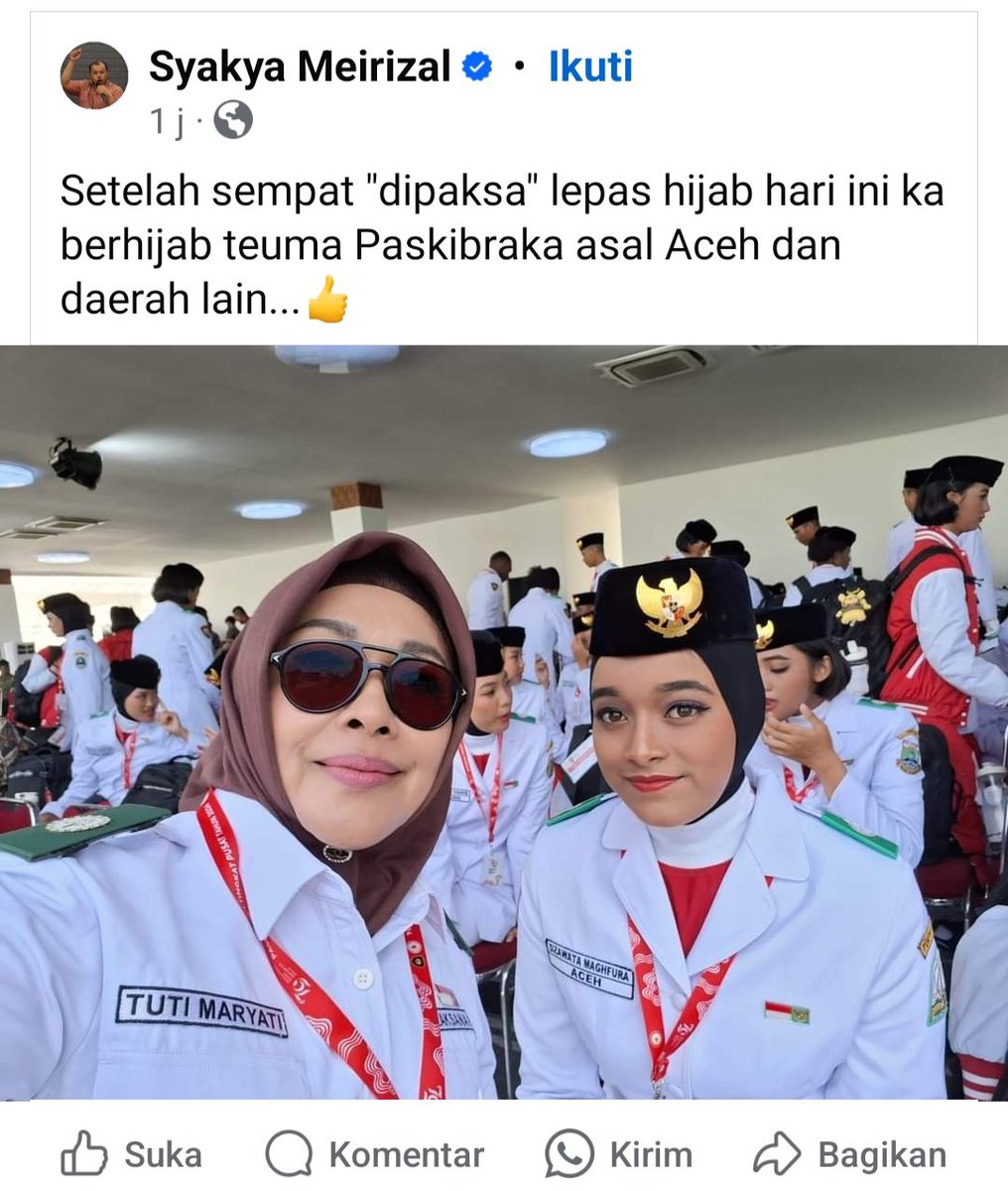 ferizandra's tweet photo. Infonya, setelah rame seharian, protes bergema dari Aceh sampe Papua, para anggota Paskibraka putri diperkenankan untuk memakai kembali hijabnya...

But... the damage has been done...!

Mereka telah 'dipaksa' untuk memperlihatkan aurat yang selama ini tertutup hijab... pemaksaan itu adalah bentuk pelanggaran UU, juga melanggar sila ke-1 Pancasila...

Harus ada pihak yang bertanggung jawab atas kejadian ini...! 😡