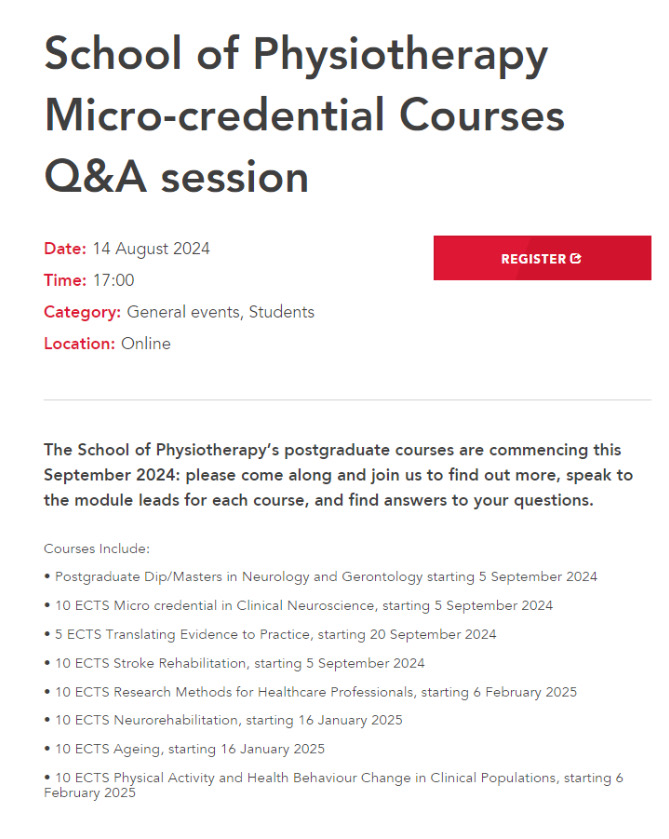 HEALTH PROFESSIONALS - TONIGHT ONLY!

Tonight, Wednesday 14 August at 5pm - RCSI School of Physiotherapy are hosting an online Information Evening about our Post Graduate Courses. See image for more details. 

Register your interest here: lnkd.in/dhcAkWt9